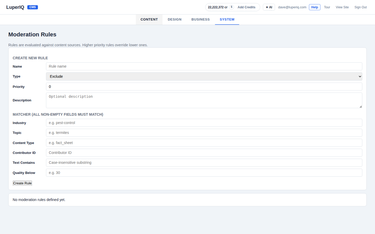 Rule creation form with matcher fields for industry, topic, content type, and quality