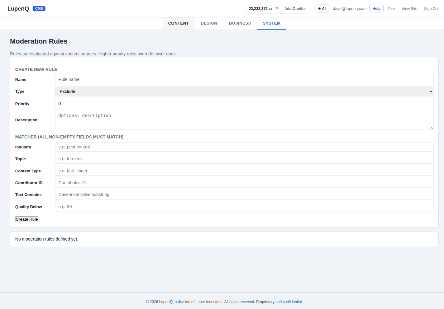 Moderation Rules page with rule creation form