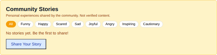 Community stories section with emotion filter buttons