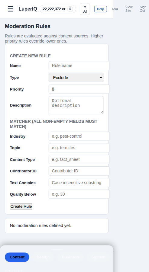 Moderation Rules form on mobile