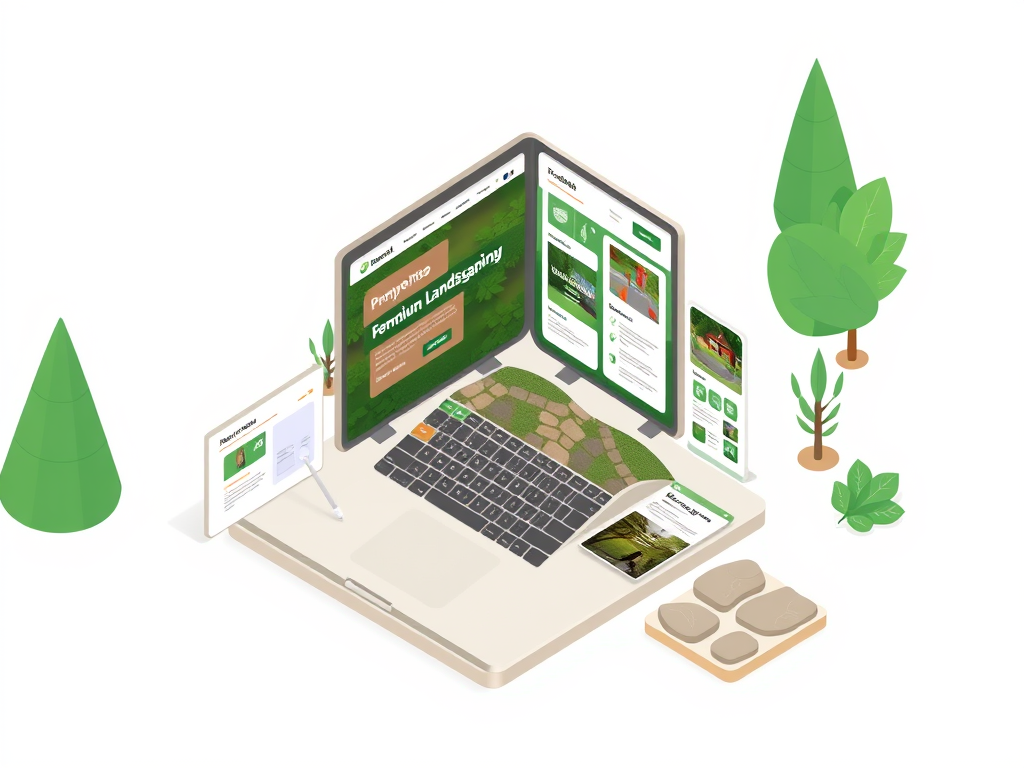 WordPress landscaping theme setup mockup showing a landscaping website layout on a computer screen