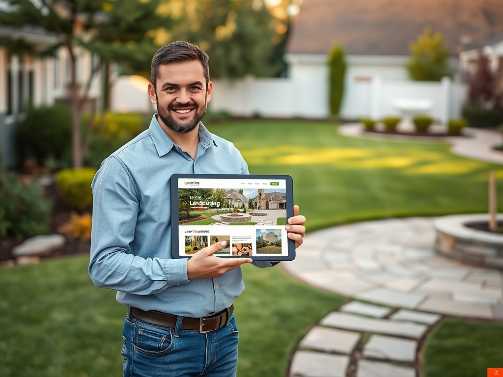 WordPress landscaping theme setup photorealistic scene of service pages being reviewed on a tablet beside a finished yard project