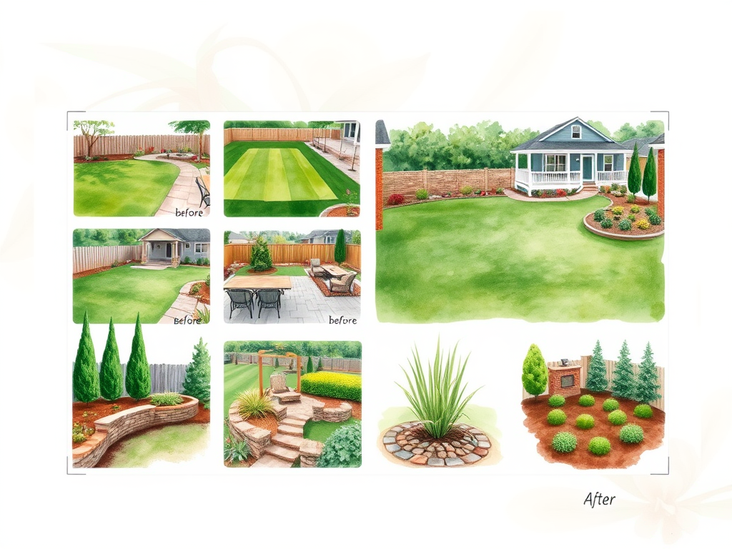 WordPress landscaping theme setup watercolor gallery showing finished lawns, patio projects, and client review highlights